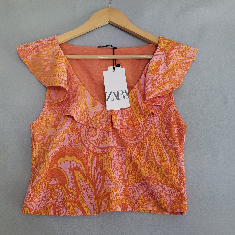 NWT Zara Orange Paisley Print Ruffle Neck Sleeveless Shirt Women's M